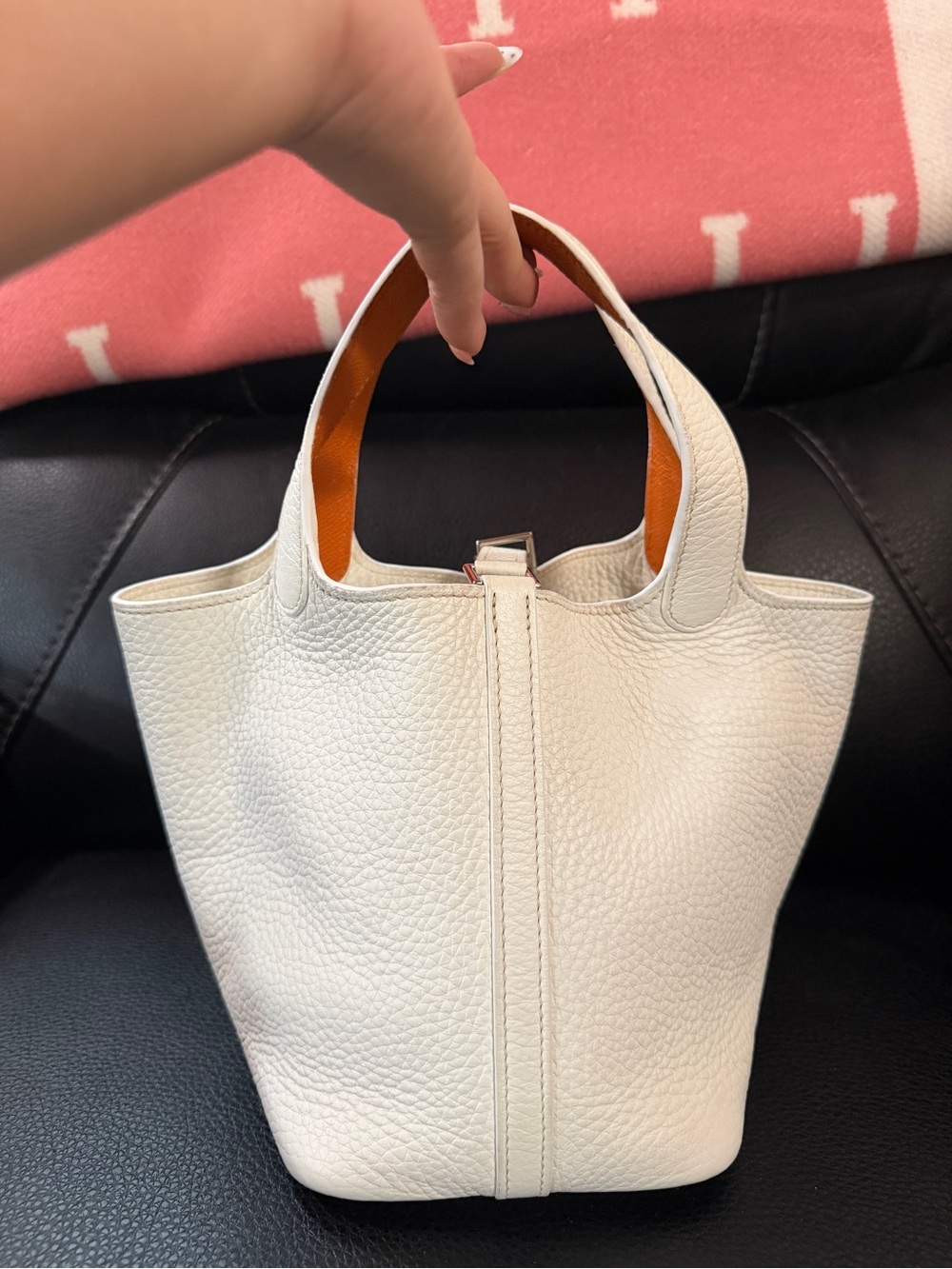 Hermes White Pebbled Leather Tote with Orange Interior